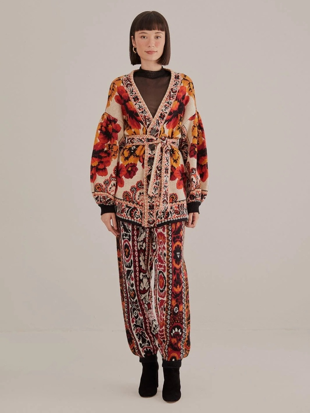 FARM RIO Sand Winter Tapestry Knit Cardigan Belted Sweater Cream Red Floral - Picture 13 of 15